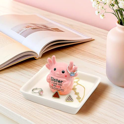 Sister Birthday Gifts for Sister, Pink Ceramic Axolotl Ring Holder Dish | Cute Pink Axolotl Jewlery Tray with 'I love you axolotl' Birthday Christmas Gift for Sister from Brother - style: Axolotl Sister