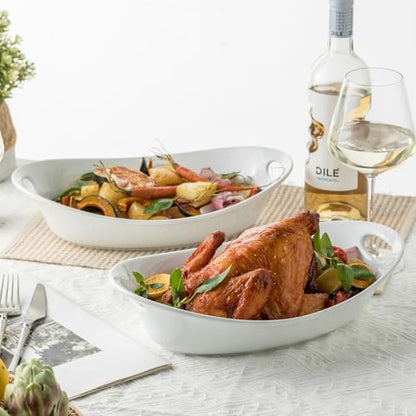 YHOSSEUN Large Serving Bowl with Handles, Oval Serving Platter Set of 2 | Thanksgiving Serving Dishes for Entertaining, Ceramic Salad Bowls Set, 1.5 Quarts, White, Microwave Dishwasher Oven Safe - style: Oval