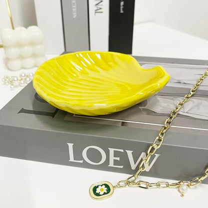 Shell Trinket Dish, Ceramic Jewelry Dish Tray, Cute Organizer Plate for Jewelry, Seashell Jewelry Ring Holder, Birthday Mother's Day Christmas Gift for Women, 3.9", Bright Yellow Iridescent Surface - color: Bright Yellow