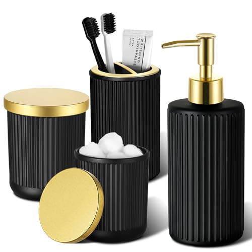 RYTOXILO Matte Black and Gold Bathroom Accessories Set, 4 Pack Glass Bath Accessory Sets Complete, Ribbed Soap Dispenser and Toothbrush Holder Set with 2 Qtip Holders, Modern Gold Bathroom Decor - color: Black