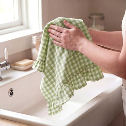 HunnmingRe Mint Green Kitchen Towels Set of 2, 100% Cotton Ruffled Gingham Dish Towels 18"x28" Tea Cloths Classic Plaid Pattern for Farmhouse Charm, Drying Dishes, Entertaining Guests - color: Mint Green, style: Gingham