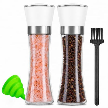 Premium Salt and Pepper Grinder Set of 2, 6 oz Refillable Glass Salt and Pepper Shakers with Adjustable Ceramic Grinder, Manual Pepper Mill Set Includes Funnel & Cleaning Brush, Transparent Lid - color: White, size: 2.5"W x 7.5"H