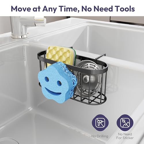 SWTYMIKI Sponge Holder for Kitchen Sink - Movable Sink Caddy with Smiley Face Sponge Holder, Rustproof Hanging Sponge Organizer in Double Bowl Sinks Depth>3.15in, Middle Divider<1.5in, Black - color: Black-smiley Sponge Holder