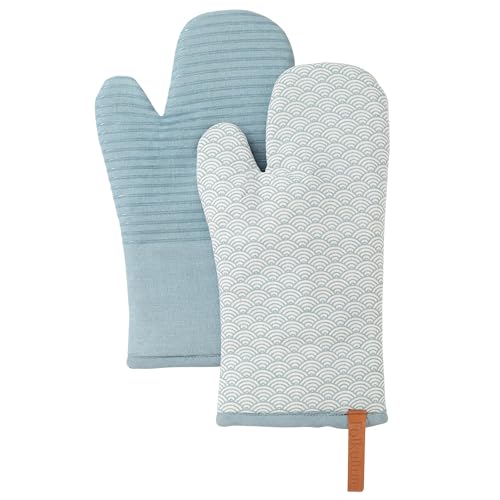 Folkulture Oven Gloves, Oven Mitts with Hanging Loop - Set of 2 (12"x5.5") | Cute, 100% Cotton, Silicone, Heat Resistant, Blue, Cooking Gifts for Women, BBQ, Baking, Kitchen Décor, Summer Décor - color: Sea Party