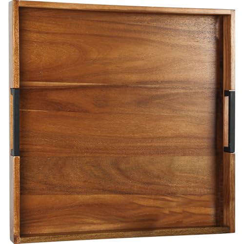 Large Square Ottoman Tray for Living Room and Coffee Table, Decorative Acacia Wood Serving Tray with Metal Handles for Breakfast in Bed, Dinner Food Kitchen TV (Natural, 20" x 20" x 2") - size: 20" x 20" x 2"
