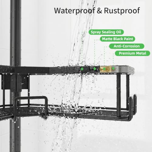 LEEDA Corner Shower Caddy Tension Pole, 4-Tier Adjustable Floor to Ceiling Bathroom Organizer， No-Drill Stand Storage Rack with Soap/Toothbrush Holder for Renters - 34-125 In Black