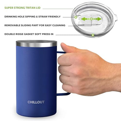 CHILLOUT LIFE Stainless Steel Vacuum Insulated Coffee Mug 20 oz (Set of 2) with Handle and Lid, Large Thermal Camping Coffee Mugs with Sliding Lid for Men & Women, Keeps Your Beverages Hot & Cold - color: Navy Blue, size: 20 Ounces - 2 Pack