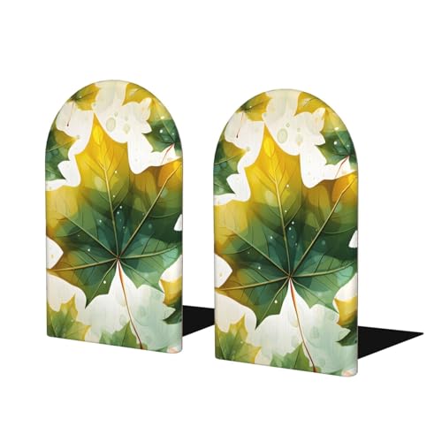 Yellow Green Leaves Wooden Bookends for Shelves Decorative Book Ends Universal Book Organizer Holder for Office, Heavy Books, Vinyl Records - color: Yellow Green Leaves