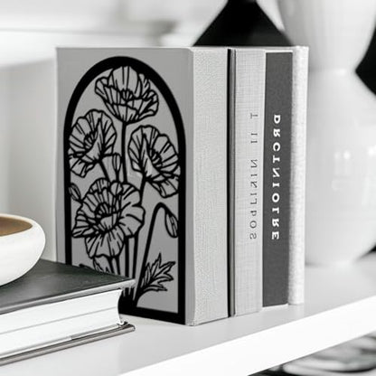 5.3"x4.3"x7.9" Metal Bookends, Heavy Duty Book Ends for Shelves | Poppies Theme Cast Iron Book Supports, 1 Pair Decor Stoppers for Desk, Library, Office & Home Shelves - style: Poppies