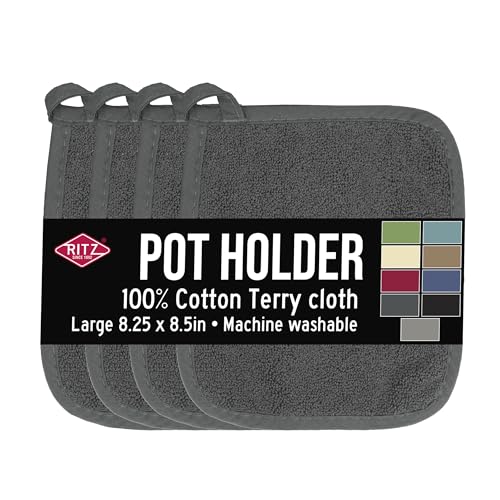 RITZ Terry Potholder & Hot Pad: Unparalleled Heat Resistant, Durable 100% Cotton – Ergonomically Designed for Optimal Grip – Easy-Care Machine Washable – 4-Pack, Graphite - color: Graphite, size: 4-Pack