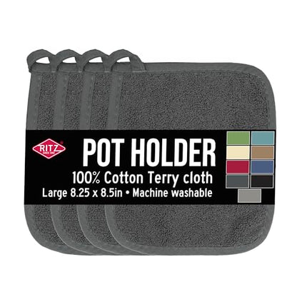 RITZ Terry Potholder & Hot Pad: Unparalleled Heat Resistant, Durable 100% Cotton – Ergonomically Designed for Optimal Grip – Easy-Care Machine Washable – 4-Pack, Graphite - color: Graphite, size: 4-Pack