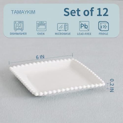 6 IN Porcelain Dessert Plates, White Appetizer Dinnerware, 12 Pcs | Square Pearl Dots, Scratch Resistant, Microwave Safe, Oven Safe, Dishwasher Safe - size: 6 Inch - 12P