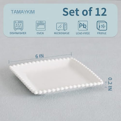 6 IN Porcelain Dessert Plates, White Appetizer Dinnerware, 12 Pcs | Square Pearl Dots, Scratch Resistant, Microwave Safe, Oven Safe, Dishwasher Safe - size: 6 Inch - 12P