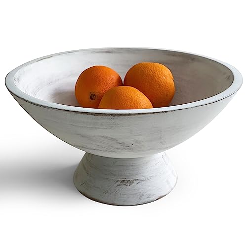 Fairwood Way - Rustic Whitewash Pedestal Bowl - 10 Inch, Mango Wood Footed Bowl as Fruit, Key, Decorative, Candy Holder or Centerpiece, Wooden Decorative Bowl for Kitchen, Dining Table - color: Whitewash, size: 10 Inch Bowl