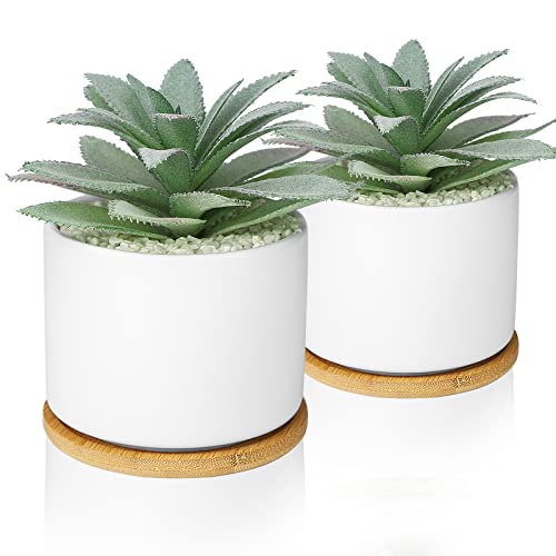 Hopewood Faux Agave Succulent Plant in Ceramic Pots Bamboo Tray, Set of 2 | Artificial Succulents Plants Faux Agave Greenery Fake Potted Plants for Bedroom Home Office Desk Living Room Decor - size: 2 Set Agave