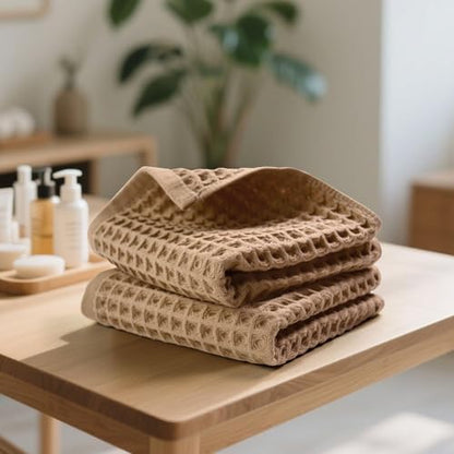 Waffle Bathroom Hand Towels 2-Piece (Tan) – Cotton, Soft, Lightweight | Lint Free, 13” x 29” - color: Tan