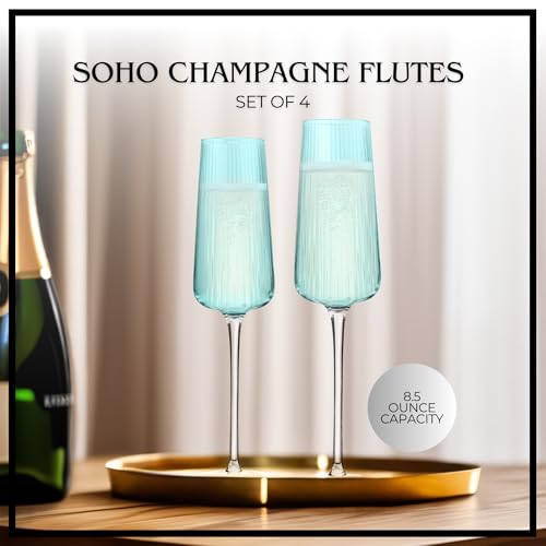 ARTLAND Soho Optic 8.5 oz Champagne Flute, Set of 4 - Modern Contemporary Stemmed Glasses - Ideal for Weddings, Parties, Prosecco, Sparkling Wine, Excellent Gift Idea, Dishwasher Safe (Turquoise) - color: Light Turquoise, style: Champagne Flute (4-Piece)