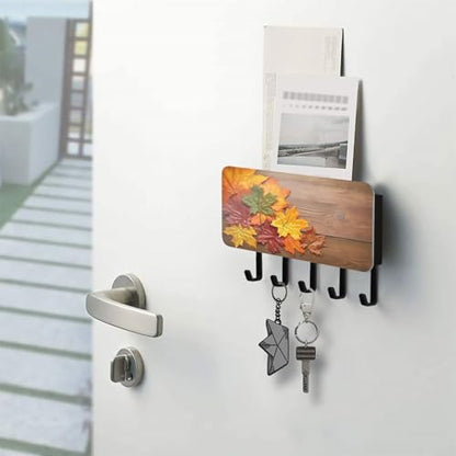 Burbuja Maple Leaves on Wood Key Holder with 5 Key Hooks, Self Adhesive Wall Mounted Key Racks Mail Storage Organizer for Entryway, Home Decor