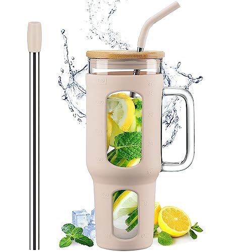 WINSA Glass Tumbler with Lid and Straw, 46 oz, Amber | Iced Coffee Cup with Handle, Large Water Bottle with Silicone Sleeve, Pearl Straw & Drinking Straw, BPA Free - color: Amber, size: 46 Ounces