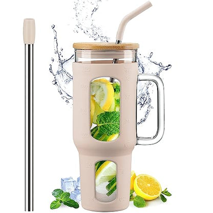 WINSA Glass Tumbler with Lid and Straw, 46 oz, Amber | Iced Coffee Cup with Handle, Large Water Bottle with Silicone Sleeve, Pearl Straw & Drinking Straw, BPA Free - color: Amber, size: 46 Ounces