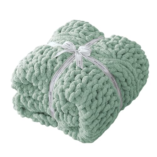 Chunky Knit Blanket Throw - 100% Hand Knitted Chunky Soft Throw Blanket for Couch, Thick and Warm Blanket for Winter, Green, 50x60 Inches - color: Light Green, size: Throw (50" x 60")