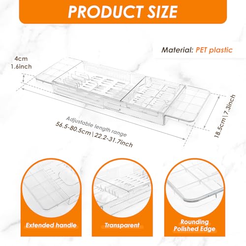 Expandable Bathtub Caddy Tray, 56.5cm to 80.5cm Adjustable Length Clear Bathtub Tray, Plastic Drain Bath Shelf Caddy, Nonslip Multifunctional Bathtub Storage Rack for Candle Towel Book
