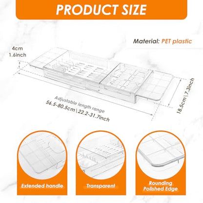 Expandable Bathtub Caddy Tray, 56.5cm to 80.5cm Adjustable Length Clear Bathtub Tray, Plastic Drain Bath Shelf Caddy, Nonslip Multifunctional Bathtub Storage Rack for Candle Towel Book