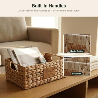 Handmade Water Hyacinth Wicker Storage Basket with Handles – Rectangle Organizer Bin for Shelves, Blanket, Bathroom, Closet – Stackable – Decorative & Durable (1, S: 12" x 8" x 4") - size: S: 12" x 8" x 4"