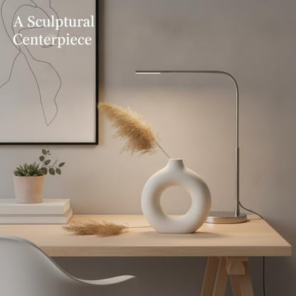 Ceramic Donut Vase, White Sculptural Ring Centerpiece for Shelf Mantel Desk Display (1 PC) - size: 8.46 x 2.56 x 9.06 in