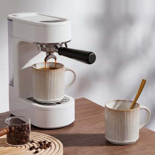 E-far Coffee Mugs Set of 4, 12 oz Stoneware Coffee Cups with Handle for Latte, Tea, Cocoa, Milk, Modern Ribbed Ceramic Mugs for Man Woman, Microwave & Dishwasher Safe, Creamy Beige - color: Creamy Beige