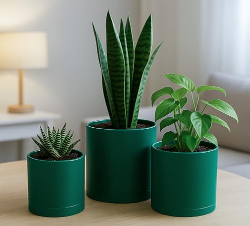 D'vine Dev 3-Pack Plastic Pots & Saucers, 6/6.5/8 in, Green, 74-V-D-3 | Multi-Size Options, Lightweight Durable, Matte Finish, Cylinder Shape, Drainage Holes, Sleek Design, Detachable Saucer - color: Green, size: Medium
