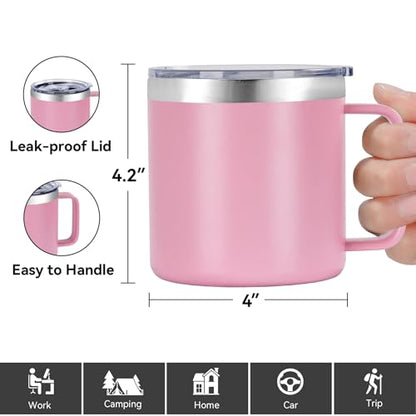 VEGOND 14 oz Insulated Coffee Mug with Handle, Stainless Steel Travel Coffee Mug with Lid, Double Wall Vacuum Metal Coffee Cup, Coffee Tumbler Powder Coated, Pink 1 Pack - color: Pink, size: 14 Ounces