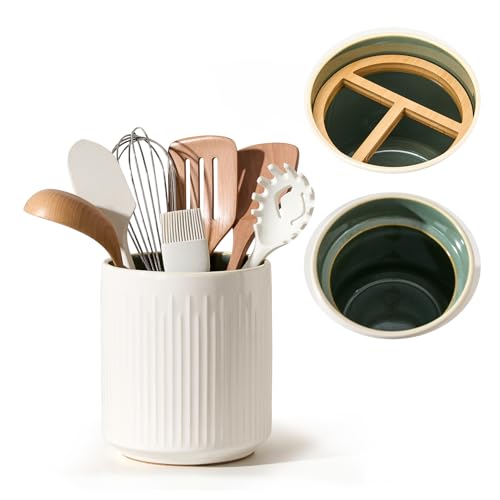 JIEMEI HOME Kitchen Utensil Holder, 7.2" Large Ceramic Stable Utensil Crock for Countertop, Utensil Organizer with Cork Mat, Removable Bamboo Divider for Easy, Kitchen Decor, White & Green - color: White & Green
