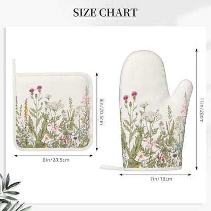 Wildflower Botanical Oven Mitts and Pot Holders Set Silicone Heat Resistant Floral Plant Herbs Sage Green Leaves Kitchen Gloves Set Kitchen Mittens Pot Holders for Cooking Baking Grilling - color: Sage Green