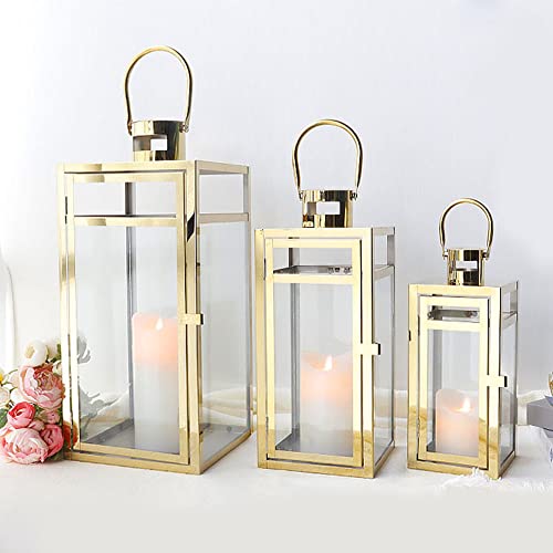 TRIROCKS Elegant Gold Stainless Steel Lantern Set- 3 Sizes (12", 15", 19") - Tempered Glass Panel Metal Lanterns for Versatile Indoor & Outdoor Decorating - Perfect for Celebrations - color: Gold, size: Large