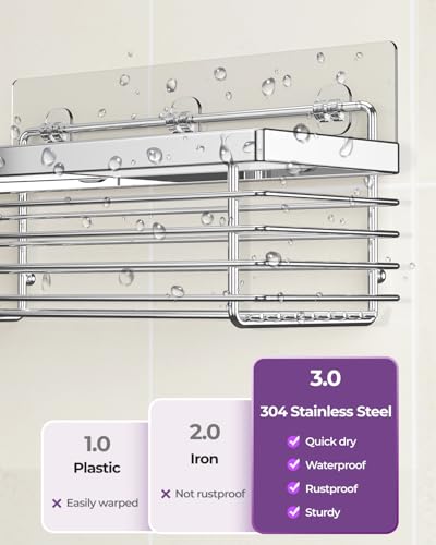 Shower Caddy Adhesive 3 Pack Stainless Steel Storage Organizers-Silver | No drilling wall mounted,rust-resistant,large capacity,quick drainage,easy to clean,suitable for bathrooms and kitchens - color: Silver