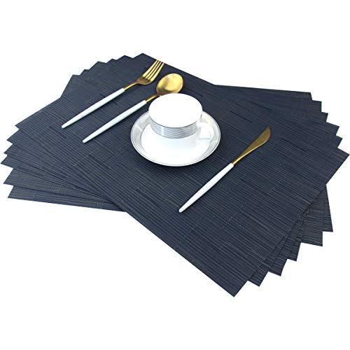 Placemats for Dining Table Woven Vinyl Place Mats Wipe Off Plastic Placemats Stain Resistant Table Mats Set of 6 （Bamboo Navy） - color: Bamboo Navy, size: placemats set of 6
