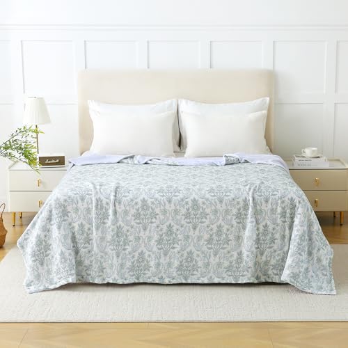 Viviland Cotton Muslin Blanket Reversible Fleece Blanket Lightweight Breathable Gauze Queen Size 90 x 90 Inches, Green Narcissus - color: Green Narcissus, size: Queen Size (90 X 90 Inches)