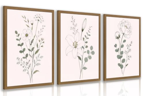 OPFDE Wood Framed Sage Green Botanical Wall Art Set of 3, Minimalist Wildflower Poster Prints, Neutral Floral Line Art Decor, Modern Farmhouse Bathroom Artwork for Living Room Bedroom 16x24 Inch - color: Line, size: 24"L x 16"W