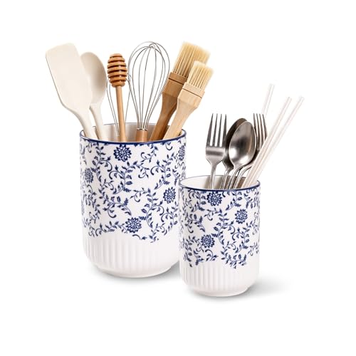 Utensil Holder for Kitchen Counter - 6.1"+5.6" Ceramic Cooking Utensil Crock Tool Organizer for Countertop, Spatula Holder for Farmhouse Kitchen Counter Decor - Set of 2 - Blue - color: Vintage Blue ( 6.1"+5.6")