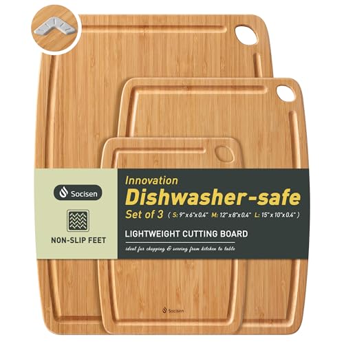 Lightweight Durable Bamboo Cutting Board Set with Non-Slip Feet, Wood Cutting Board for Busy Kitchen, Easy Clean Wooden Chopping Boards with Juice Groove Best House Warming Gift Set of 3 (S+M+L) - color: Carbonized Bamboo(Brown), size: Set of 3 (Small + M