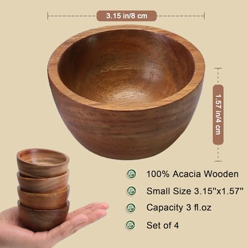 Acacia Wooden Bowls Set, Small Pinch Bowls for Sauces/Dips/Condiments, Mini Serving Bowls for Snacks/Appetizers/Side Dishes/Charcuterie Board, 3 oz Wooden Ramekins, Handmade Reusable, 4 pcs - size: D 3.15'' x H 1.57''
