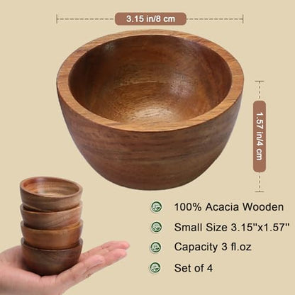 Acacia Wooden Bowls Set, Small Pinch Bowls for Sauces/Dips/Condiments, Mini Serving Bowls for Snacks/Appetizers/Side Dishes/Charcuterie Board, 3 oz Wooden Ramekins, Handmade Reusable, 4 pcs - size: D 3.15'' x H 1.57''