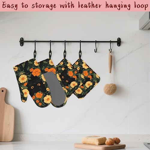 Black Cat Flowers Heat-Resistant Silicone Oven Mitts and Pot Holder 4 Piece Set,Non-Slip Kitchen Oven Gloves for Baking, BBQ, Cooking,Grilling - color: Black Cat Flowers