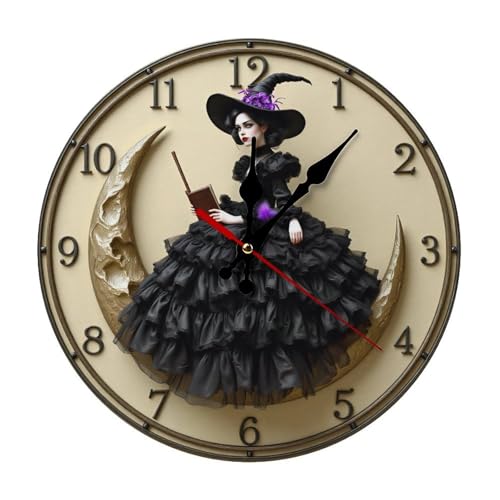 Wall Clock, Gothic Witch Non Ticking Wall Clocks Battery Operated, Beige Wooden Wall Clocks for Living Room, Bedroom, Office Decorative 10 Inch - color: Style