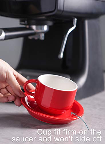 Sweese 4 Ounce Porcelain Stackable Espresso Cups with Saucers and Metal Stand Set of 4, Red - color: Red, size: 4 Ounces
