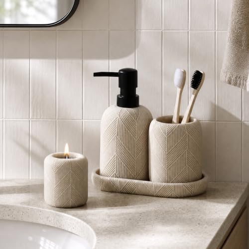 4 PCS Bathroom Accessory Set, Leaf Veins Texture, Beige | Modern, Luxurious, Minimalist, With 10.15 OZ Soap Dispenser, Tumbler, Vanity Tray, Candle Holder for Countertop Kitchen Sink