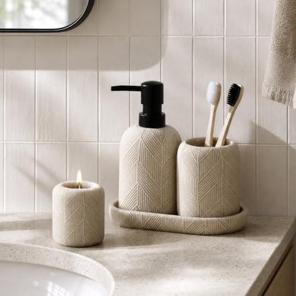 4 PCS Bathroom Accessory Set, Leaf Veins Texture, Beige | Modern, Luxurious, Minimalist, With 10.15 OZ Soap Dispenser, Tumbler, Vanity Tray, Candle Holder for Countertop Kitchen Sink