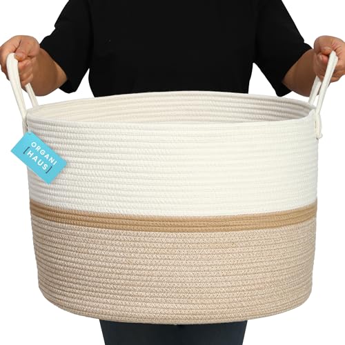 OrganiHaus Round Toy Basket & Blanket Basket, Cotton Rope 20x13" | Striped Honey - Round Cotton Rope Basket, 20x13" - color: Striped Honey, size: Wide