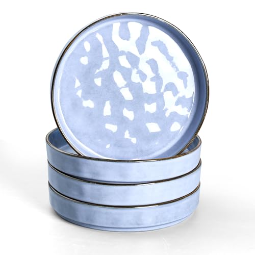 E-far Pasta Bowls Set of 4, 30oz Shallow Salad Bowls for Dinner Serving, 8.25" Stoneware Ceramic Bowl Plates for Noodle Soup, Microwave & Dishwasher Safe, Reactive Glaze, Blue - color: Blue